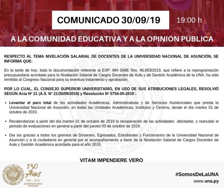 Comunicado 30/09/2019 – Levantamiento del Paro Total de Actividades