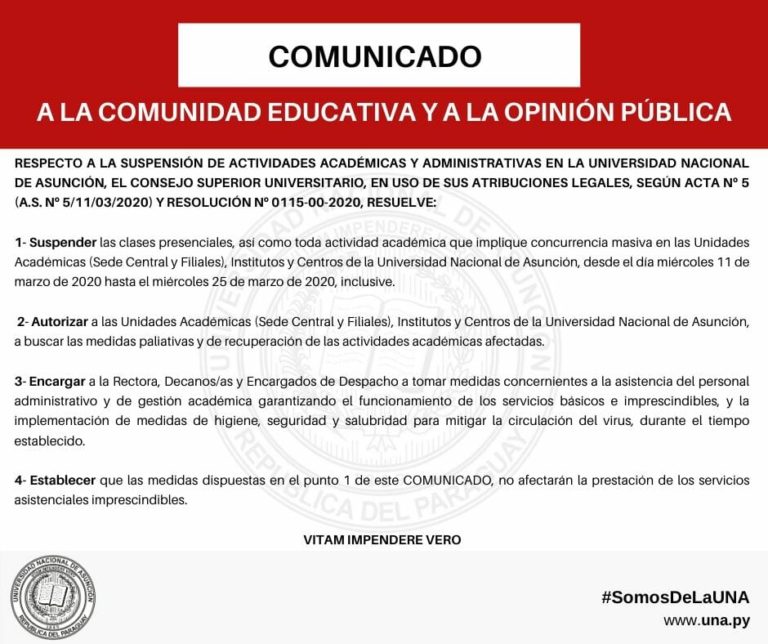 El Rectorado de la UNA suspende atención al público, desde el jueves 12 hasta el 25 de marzo