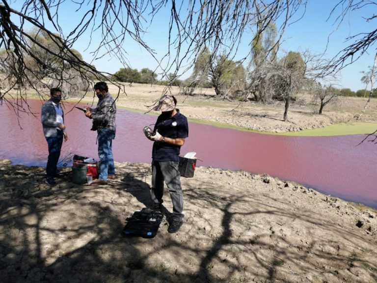 CEMIT-UNA realiza toma de muestra en el tajamar de Loma Plata que se tornó de color rojo.