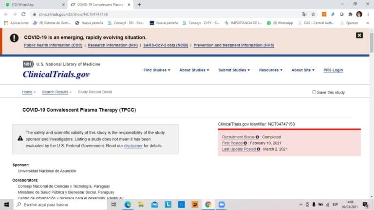 FCM-UNA publica estudio sobre plasma convaleciente en portal internacional