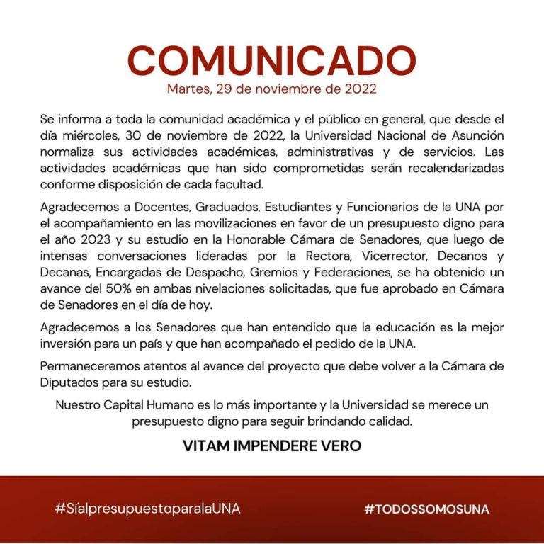 Comunicado sobre la Normalización de actividades en la UNA (29/11/2022)