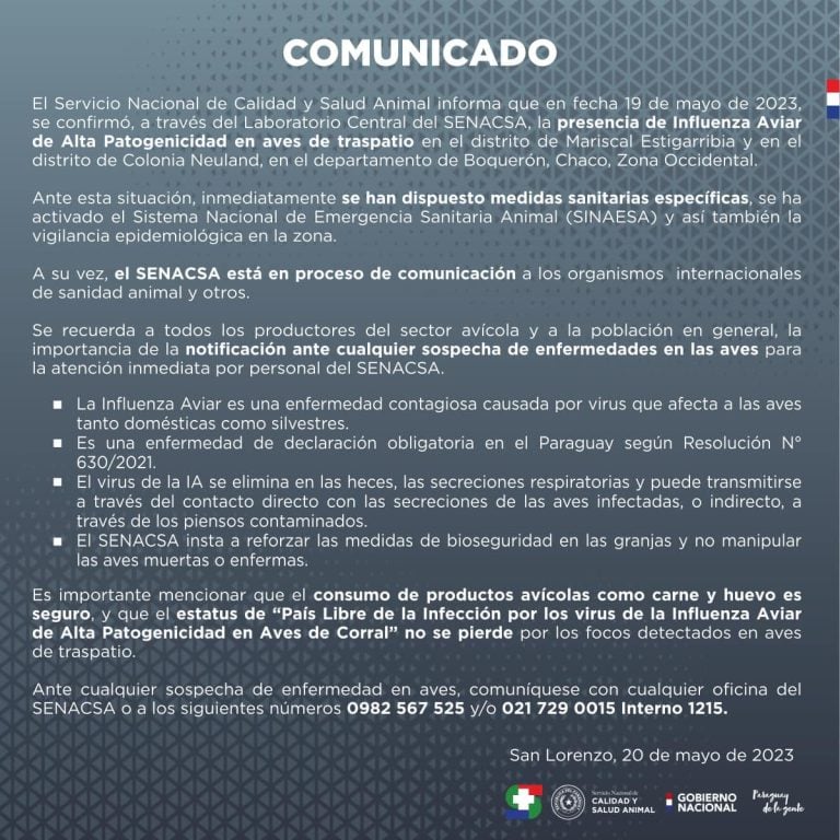 COMUNICADO SENACSA 20/05/2023