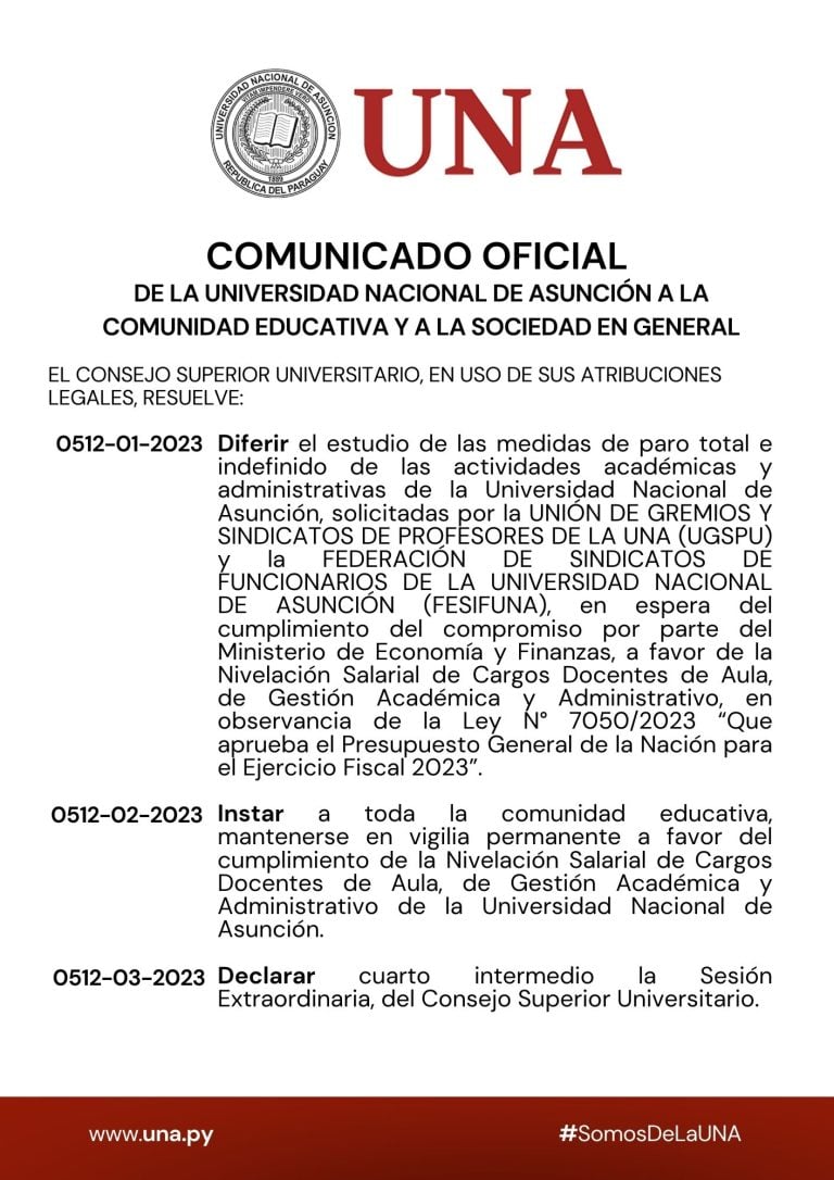 Comunicado oficial de la UNA 02/10/2023