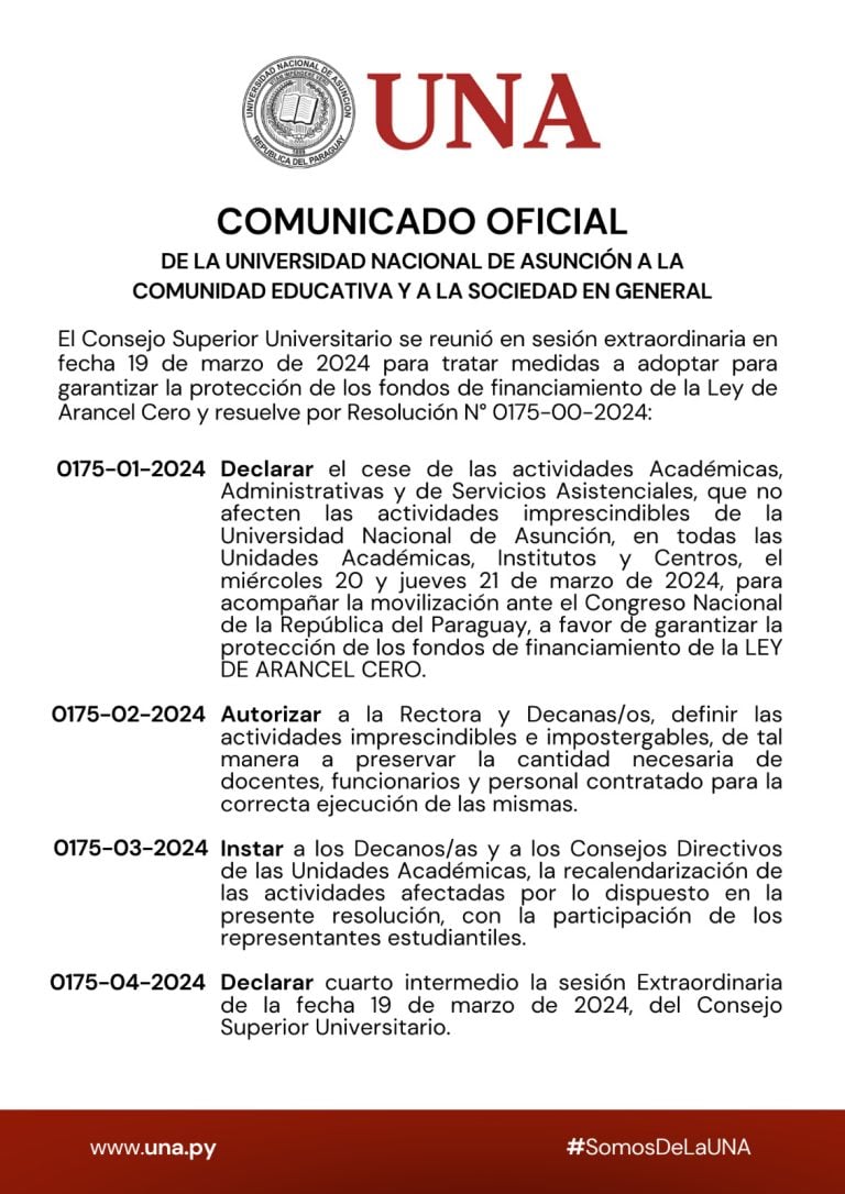 COMUNICADO OFICIAL: Cese de actividades para el 20 y 21 de marzo de 2024 en la UNA
