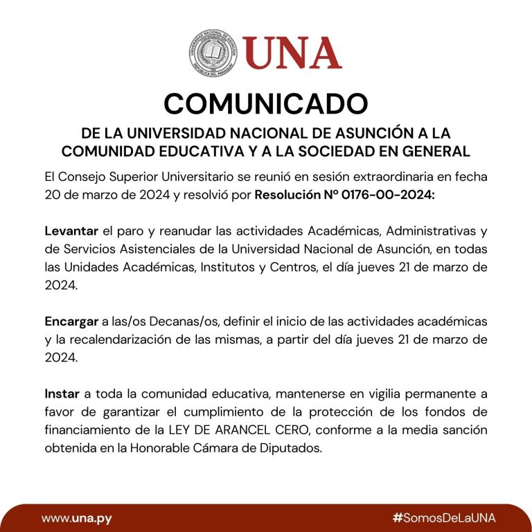 COMUNICADO OFICIAL: Levantamiento del paro y reanudación de actividades en la UNA