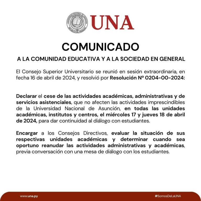 COMUNICADO OFICIAL: Sesión extraordinaria CSU-UNA del 16/04/2024