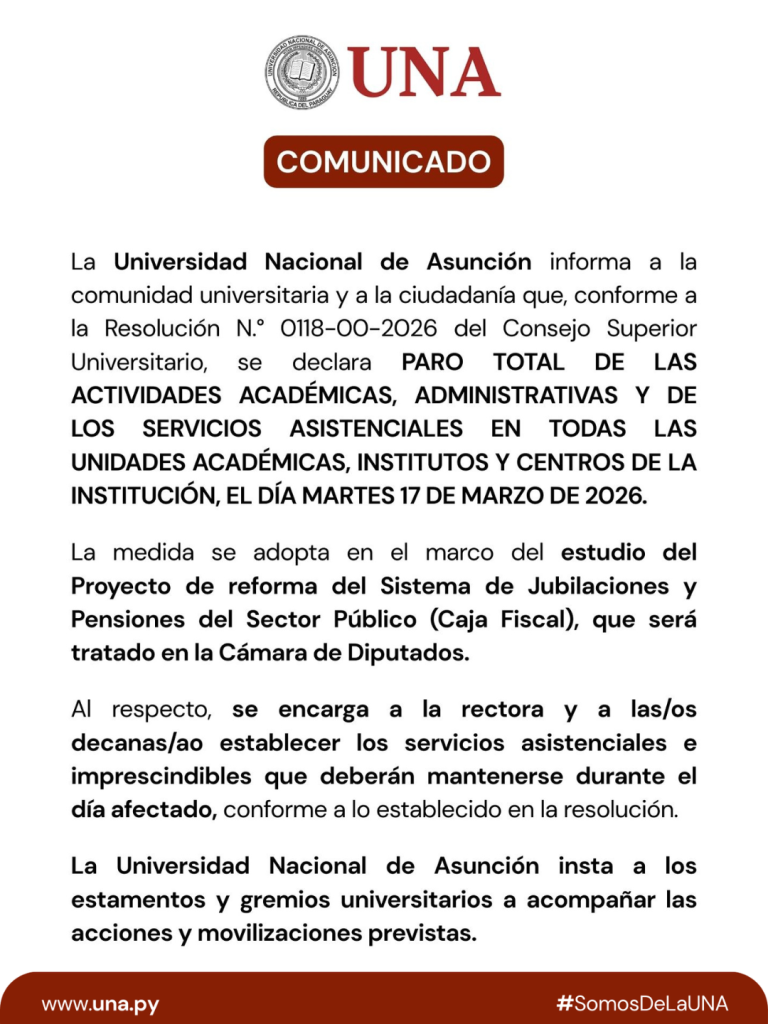 IMPORTANTE: PARO TOTAL EN LA UNA PARA EL MARTES 17 DE MARZO DE 2026