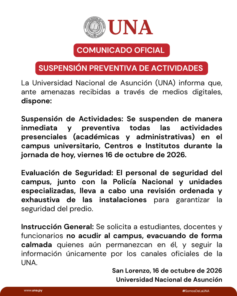 COMUNICADO OFICIAL: SUSPENSIÓN DE ACTIVIDADES EN LA UNA 16/10/2026