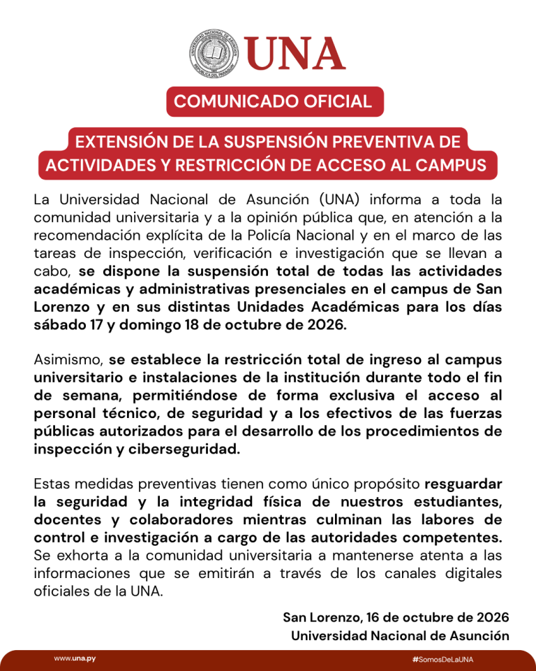 COMUNICADO OFICIAL: EXTENSIÓN DE LA SUSPENSIÓN DE ACTIVIDADES EN LA UNA